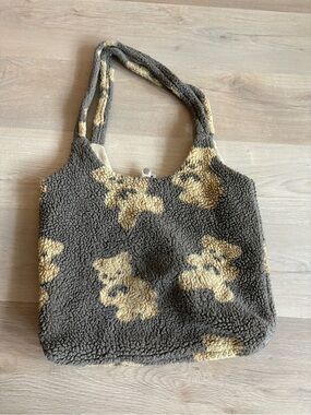 Plush Teddy Sherpa Tote Bag in Brown and Cream
